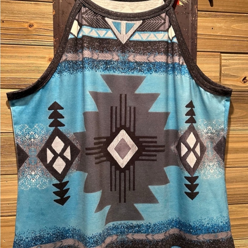 Aztec Pattern Sleeveless Top - Blue and Black